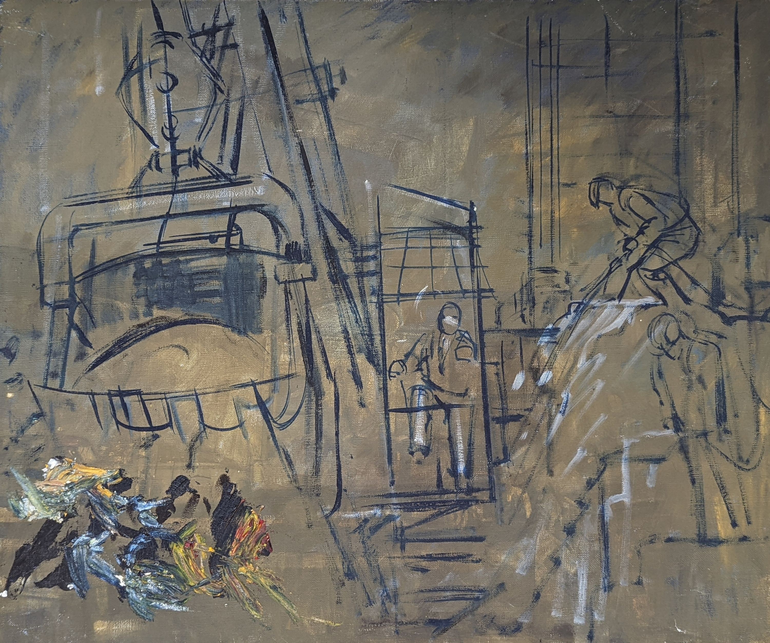 Henry James Neave (1911-1971), two unfinished oil on canvas sketches, Harbour scene and Construction workers, 51 x 61cm and 55 x 46cm, both unframed